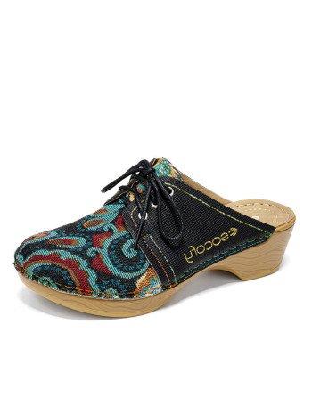 Socofy Retro Ethnic Vacation Floral Patchwork Comfy Closed Toe Clogs