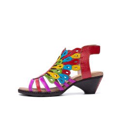 Socofy Genuine Leather Comfy Summer Vacation Bohemian Ethnic Colorblock Heeled Sandals