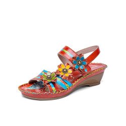 Socofy Genuine Leather Handmade Stitching Comfy Bohemian Flowers Decor Hook & Loop Wedges Sandals