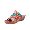 Socofy Genuine Leather Handmade Stitching Comfy Bohemian Flowers & Leaves Decor Slip-On Wedges Sandals