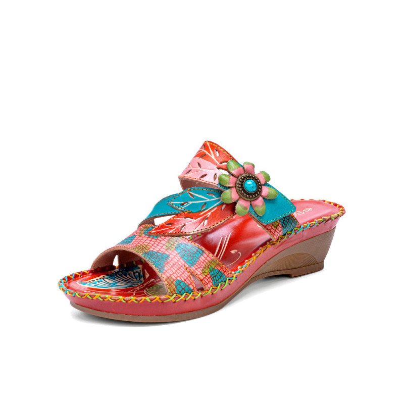 Socofy Genuine Leather Handmade Stitching Comfy Bohemian Flowers & Leaves Decor Slip-On Wedges Sandals