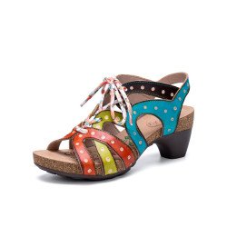 Socofy Genuine Leather Casual Bohemian Ethnic Colorblock Comfy Lace-up Heeled Sandals