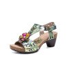 Socofy Genuine Leather Casual Bohemian Ethnic Three-dimensional Flower Comfy Hook Loop T-Strap Heeled Sandals