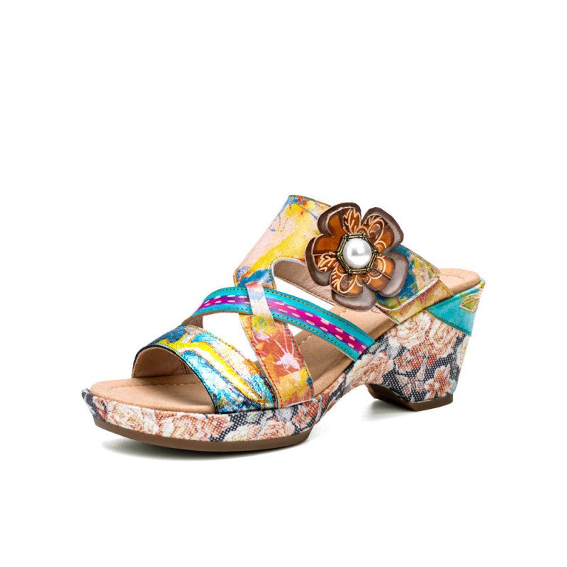 Socofy Genuine Leather Casual Bohemian Ethnic Three-dimensional Flower Contrast Color Comfy Heeled Sandals