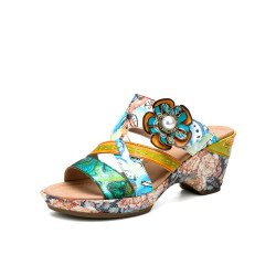 Socofy Genuine Leather Casual Bohemian Ethnic Three-dimensional Flower Contrast Color Comfy Heeled Sandals