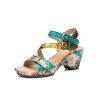 Socofy Genuine Leather Casual Bohemian Ethnic Floral Print Colorblock Comfy Heeled Stripe Sandals