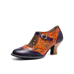 Socofy Genuine Leather Retro Fashion Floral Colorblock Comfy Breathable Hollow Mary Jane Heels