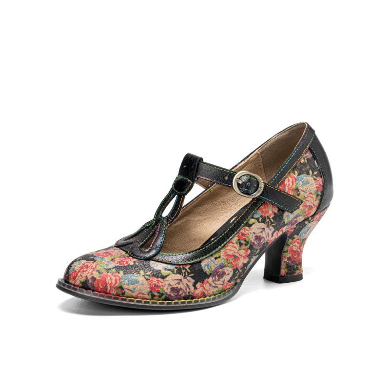 Socofy Genuine Leather Retro Fashion Floral Comfy T-strap Heels