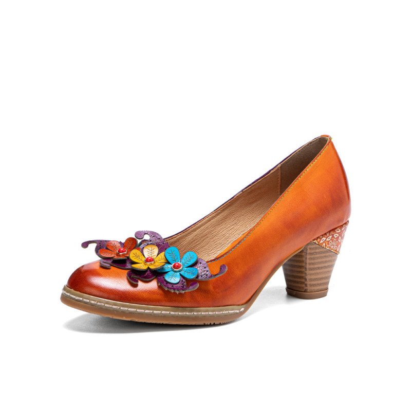 Socofy Genuine Leather Retro Ethnic Three-dimensional Flower Comfy Heels