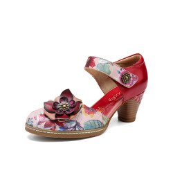Socofy Genuine Leather Retro Bohemia Ethnic Three-dimensional Flower Comfy Mary Jane Heels