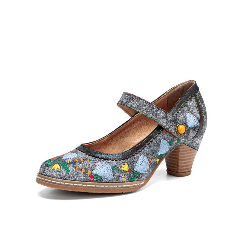 Socofy Genuine Leather Retro Fashion Floral Comfy Mary Jane Heels