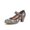 Socofy Genuine Leather Retro Fashion Floral Comfy Mary Jane Heels