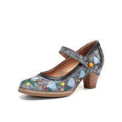 Socofy Genuine Leather Retro Fashion Floral Comfy Mary Jane Heels