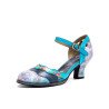 Socofy Genuine Leather Retro Fashion Floral Colorblock Comfy Mary Jane Heels