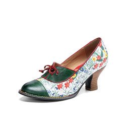 Socofy Genuine Leather Retro Ethnic Floral Bowknot Embellished Comfy Heels