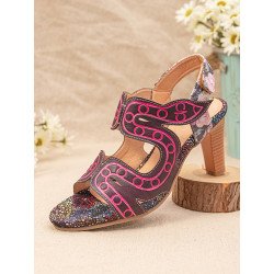 Socofy Retro Ethnic Floral Print Opened Adjustable Hook Loop Patchwork Heeled Sandals