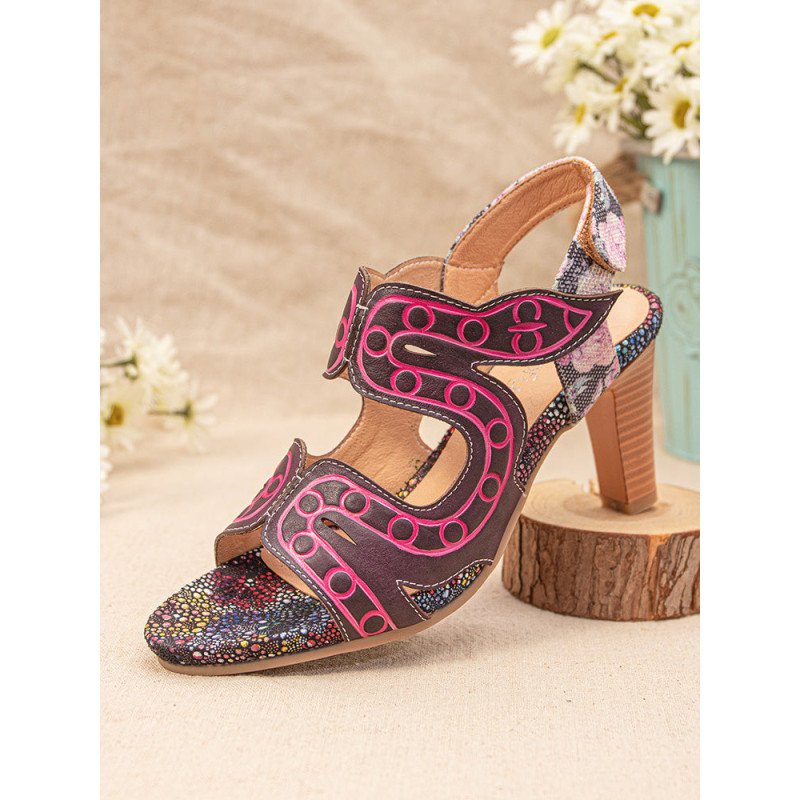Socofy Retro Ethnic Floral Print Opened Adjustable Hook Loop Patchwork Heeled Sandals