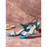 SOCOFY Flower Printed Ankle Strap Cowhide Leather Comfy Wearable Hook Loop Chunky Heel Sandals