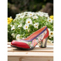 SOCOFY Stitching Floral Printed Cowhide Leather Comfy Slip On Wearable Casual Chunky Heel Pumps