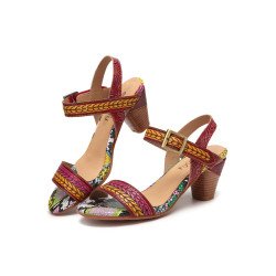 SOCOFY Colorful Strap Cowhide Leather Snakeskin Comfy Wearable Hook Loop Casual Heels Sandals