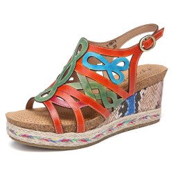 SOCOFY Leather Contrast Cutout Strappy Snakeskin Print Buckle Slingback Wedge Sandals Espadrilles