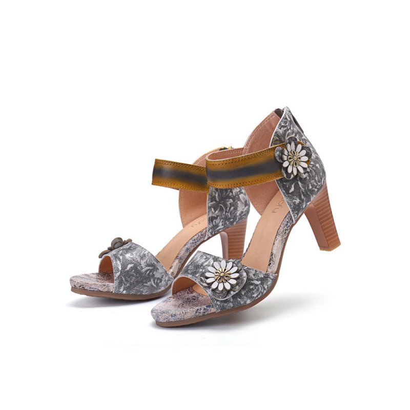 Socofy Floral Print Hook Loop Opened Toe Back Zipper Ethnic Antiskid Leather Heeled Sandals