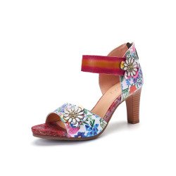Socofy Floral Print Hook Loop Opened Toe Back Zipper Ethnic Antiskid Leather Heeled Sandals