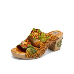 Socofy Genuine Leather Retro Bohemian Three-dimensional Flower Comfy Heeled Sandals
