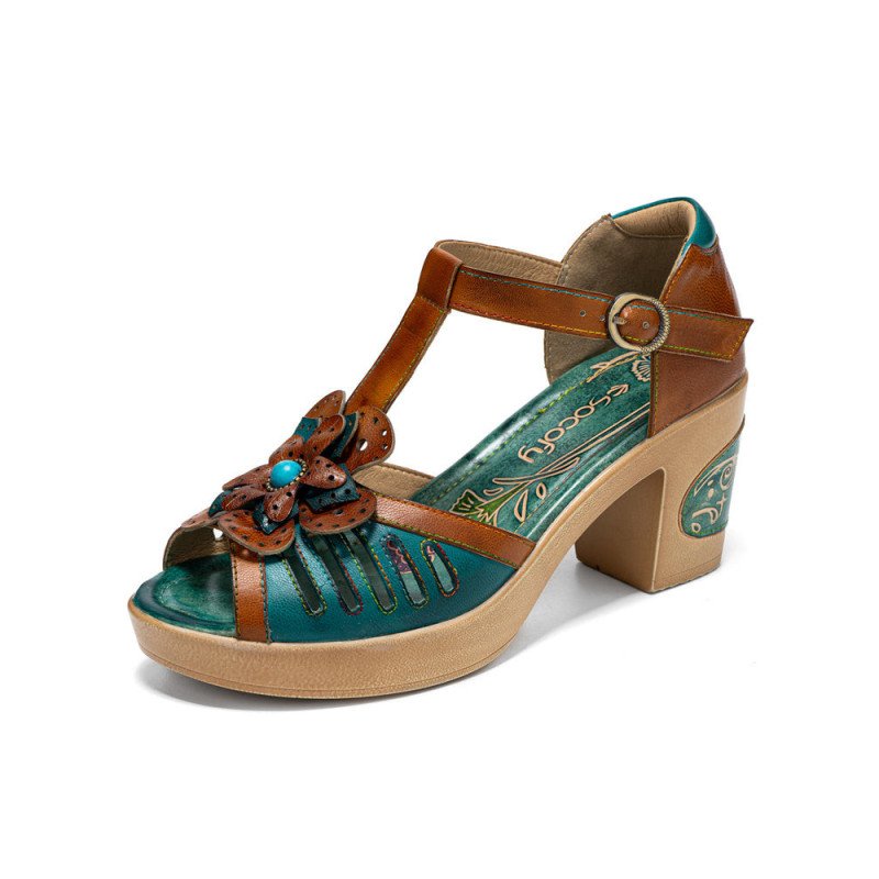 Socofy Genuine Leather Retro Three-dimensional Flower Comfy Breathable Hollow Heeled Sandals