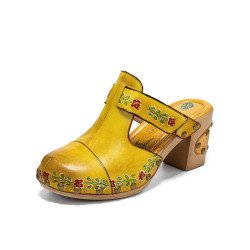 Socofy Genuine Leather Retro Floral Print Comfy Closed Toe Heeled Sandals