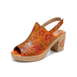 Socofy Genuine Leather Retro Floral Print Comfy Breathable Hollow Stitching Heeled Sandals