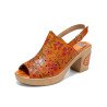Socofy Genuine Leather Retro Floral Print Comfy Breathable Hollow Stitching Heeled Sandals