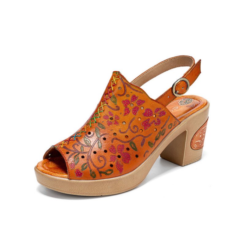 Socofy Genuine Leather Retro Floral Print Comfy Breathable Hollow Stitching Heeled Sandals