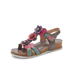 Socofy Genuine Leather Comfy Summer Vacation Bohemian Ethnic Floral Hook & Loop T-Strap Wedges Sandals