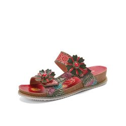 Socofy Genuine Leather Comfy Beach Vacation Bohemian Ethnic Floral Hook & Loop Outdoor Wedges Slippers