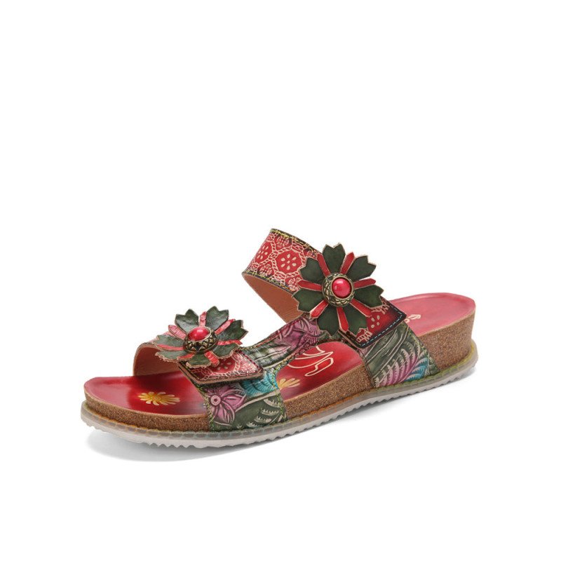 Socofy Genuine Leather Comfy Beach Vacation Bohemian Ethnic Floral Hook & Loop Outdoor Wedges Slippers