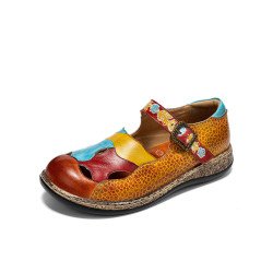 Socofy Genuine Leather Hand Made Retro Ethnic Colorblock Hollow Soft Comfy Mary Jane Flat Shoes