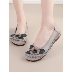 Socofy Genuine Leather Hand Stitching Shoes Retro Ethnic Soft Comfy Floral Flats