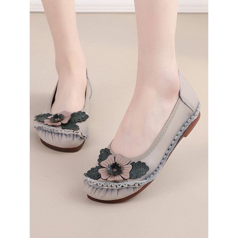 Socofy Genuine Leather Hand Stitching Shoes Retro Ethnic Soft Comfy Floral Flats