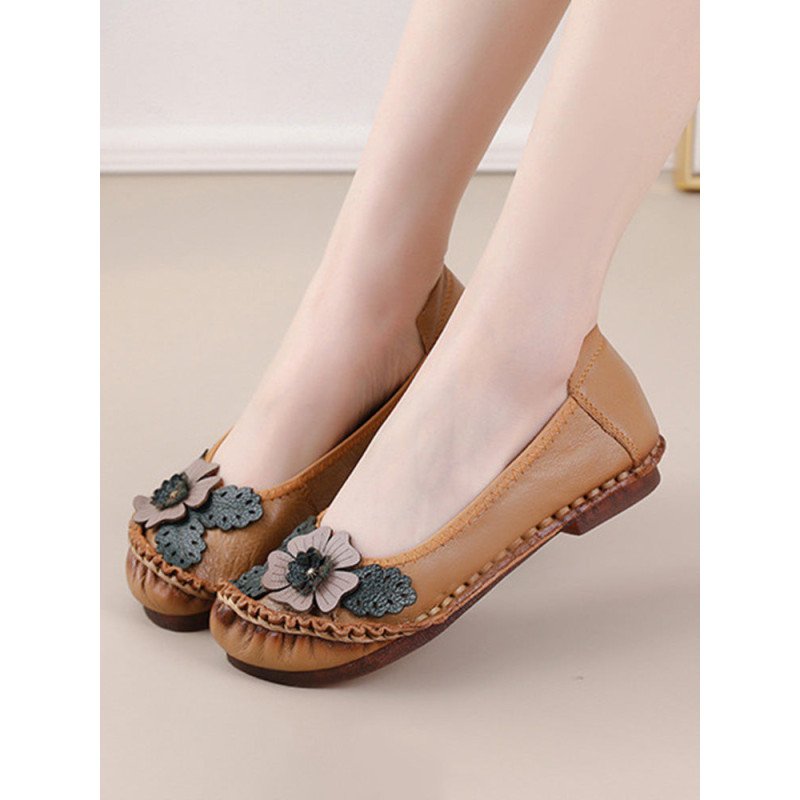 Socofy Genuine Leather Hand Stitching Shoes Retro Ethnic Soft Comfy Floral Flats