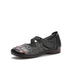 Socofy Genuine Leather Handmade Woven Retro Ethnic Soft Comfy Breathable Hollow Mary Jane Shoes