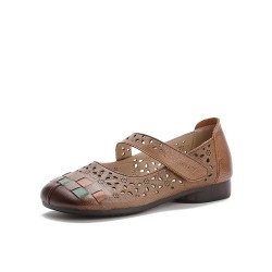 Socofy Genuine Leather Handmade Woven Retro Ethnic Soft Comfy Breathable Hollow Mary Jane Shoes