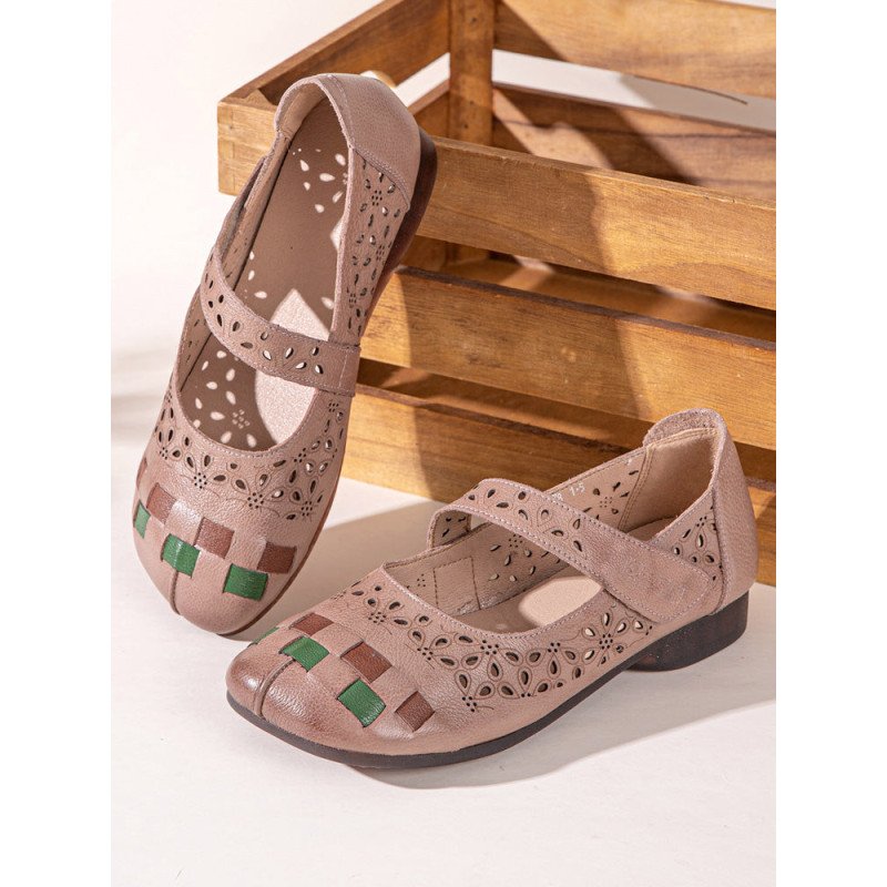 Socofy Genuine Leather Handmade Woven Retro Ethnic Soft Comfy Breathable Hollow Mary Jane Shoes