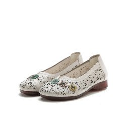 Socofy Genuine Leather Handmade Retro Ethnic Soft Comfy Breathable Hollow Floral Flat Shoes