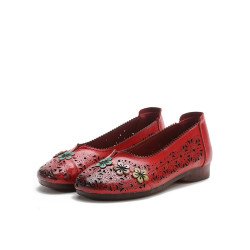 Socofy Genuine Leather Handmade Retro Ethnic Soft Comfy Breathable Hollow Floral Flat Shoes