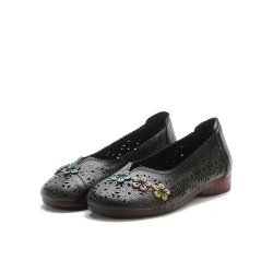 Socofy Genuine Leather Handmade Retro Ethnic Soft Comfy Breathable Hollow Floral Flat Shoes