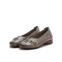 Socofy Genuine Leather Handmade Retro Ethnic Soft Comfy Breathable Hollow Floral Flat Shoes