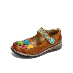Socofy Genuine Leather Hand Made Retro Ethnic Colorful Flowers Hollow Soft Comfy Mary Jane Flat Shoes