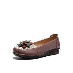 Socofy Genuine Leather Handmade Stitching Shoes Breathable Soft Comfy Floral Decor Casual Retro Ethnic Flats