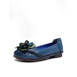 Socofy Genuine Leather Handmade Breathable Soft Comfy Casual Floral Decor Hand Stitching Flat Shoes